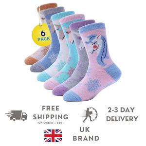 Sunny Socks - 6 Pack Kids Thermal Socks - Unicorn Socks for Girls - Warm, Thick, Cosy Winter Socks - Soft, Comfortable, Fun Design - Wool Socks for Hiking, Walking & Outdoor Activities