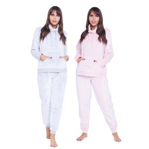 Ladies Pyjamas Nightwear Pjs Soft Fleece Loungewear Funnel Neck Pink Size 8-18 Pajamas Womenswear Homewear Women Kangaroo Leg Comfort Long Sleeve Adjustable Comfortable Pocket Fit Style Basic Minimalist Winter Grey pyjama set