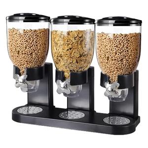 Triple Cereal Dispenser Classic Dry Food Canister, Dry Food Dispenser Control Storage Container, Great for Cornflakes, Candy, Nuts, Beans, Granola - Kitchen Storage Dispenser, Black