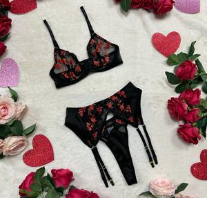 Liliosa Lingerie Juniper - Lace Satin 3 Piece Sexy Black & Red Floral Embroidery Lingerie Set (Clasp Bra + Garter Bra + Thong) Comfortable Womenswear, Classy Black Base With Elegant Red Matching, Sexy Lingerie with Playful Elegance Fit Multicolor