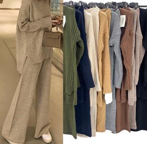 Fashion Luva Italian Asymmetric Hem Long Sleeve Sweater And Knitted Trousers 2pcs/Set Knitted Two Piece Sets Womens Outifits Autumn/Winte Knit Sweater Pullover Casual High-Waist Pant Sets Womens Clothing Knitwears Lounge Wear Set.