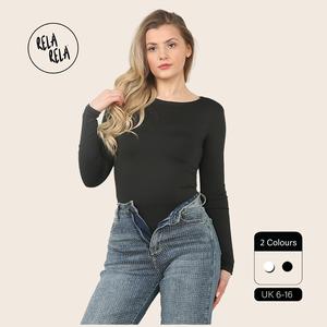 RELA RELA Premium Figure Hugging Fits Everybody Long Sleeve Round Neck Stretch Woven Double Layered Bodysuit UK 6-16 Womens Body Shaping Basic Casual Womenswear