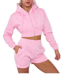 Fashion Luva Cropped Zipped Hoodie And Short Co-Ords Set 2pcs Tracksuit Long Sleeve Lounge Set Loungewear Sport Travel Holiday Comfort Womenswear