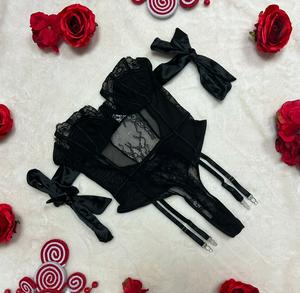 Liliosa Lingerie Live Rudolph Black High Quality Mesh Sheer Bodysuit Corset with Satin Arm Ties (Thong Bodysuit) Sexy Elegance Comfortable Womenswear, Everyday Women Clothing, 1 Piece Body Shape Fit, Satin Fabric Straps, Lace Adjustable