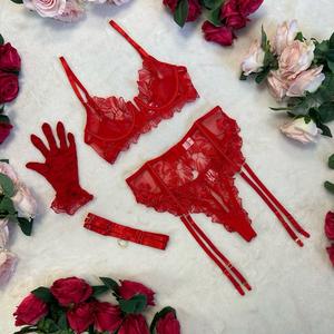 Liliosa Lingerie High Quality 5 piece Floral Mesh Sheer Sexy Red Lingerie Set (Bra Clasp + Clasp Garter+ Peepthrough Panties + Thigh straps + Gloves) Elegant Womenswear Comfortable Feminine Fit, Customised Adjustable Lace Set, Sexy Everyday Underwear