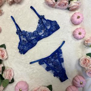 Liliosa Lingerie Royal Blue Melissa Mesh Sheer Floral Embroidery Melissa 2 Piece Set (Bra-non adjustable - adjustable ) Basic Elegance Womenswear, Comfortable Underwear, Girl Gift, Adjustable Spaghetti Straps Fit, Daily Outfits Style