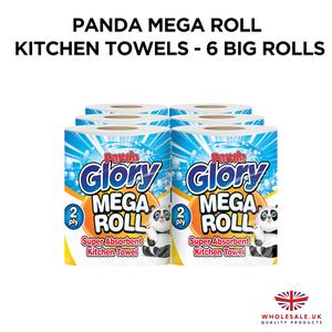 PANDA GLORY MEGA ROLLS 6 BIG KITCHEN ROLL, 2PLY Mega Absorbent Kitchen Paper Towel Roll, Extra Thick Sheets | Multipurpose Kitchen Rolls (6 BIG Rolls) Eco-friendly Sustainable, Family Hand Cleaning Wipe Pack Household