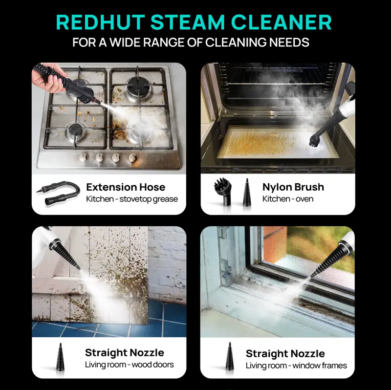 Product Introduction of Redhut Pressurized Handheld Multi-Surface Natural Steam Cleaner with 12 pcs Accessories, Multi-Purpose Steamer for Home Use, Cleaning Floor, Kitchen,Spring 7