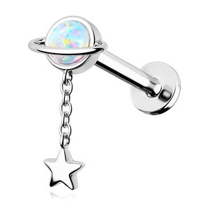 16G Internally Threaded Star Dangle Silver Planet Labret Stud Flat Back Cartilage Earring