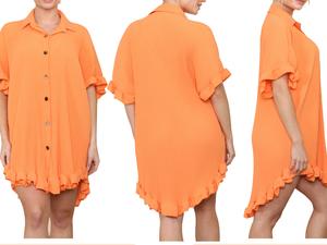 Fashion Luva Gilded Elegance Italian Gold Button Pleated Ruffle Frill Dress Top for Timeless Glamour In Plus size. Womenswear Casual Wear Summer