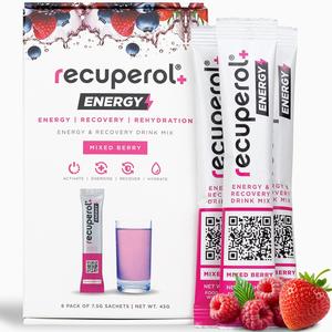 Recuperol Energy Drink Mix - Mixed Berry Pack of 7.5g Sachets | 100mg Caffeine, Taurine | Gluten Free | 3-in-1 Rehydration, Energy & Multivitamin | Potent Taste for Serious Recovery