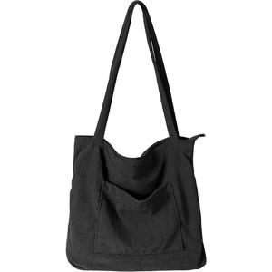 Women Corduroy Tote Bag, Large Shoulder Hobo Bags Casual Handbags Big Capacity Shopping Work Bag (Black)