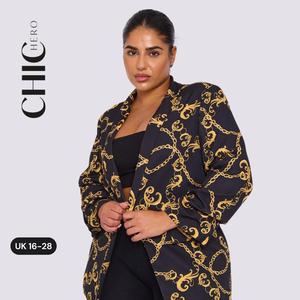 Chichero Chain Print Casual Long Sleeve Fitted Blazer sweater season Clothing Womenswear Coats Jackets Medium Party Polyester Tops everyday coat black  friday  sale trench coat