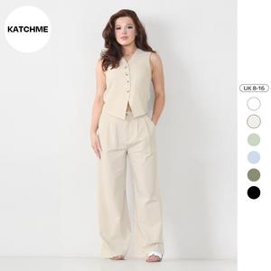 KatchMe Premium Clothing,Women's Commuter V Neck Sleeveless Button Up Top & Wide Leg Pocket Trousers Co-ord,Comfort Plain Tank & Suiting Pants Summer Set