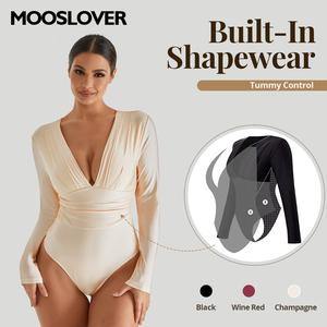 Mooslover UK Women's Sleek Plunging Deep V Neck Ruched Leotard Shapewear Tummy Control Shiny Fabrics