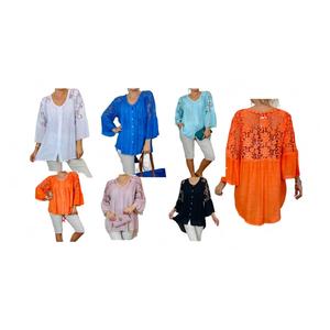 Fashion Luva New Womens V-Neck Button Front Blouse Flower Lace Over Shirt High Low Top Dress.