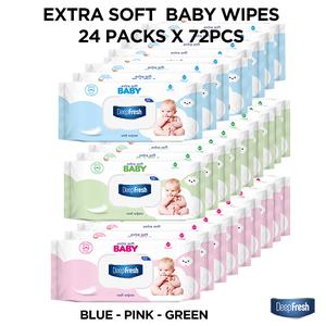 Deep Fresh Extra Soft Baby Wipes Blue, Pink, Green 24 Packs 72pcs,  It does not contain alcohol, pH balanced ,"Any of the three colors: blue, pink, or green"