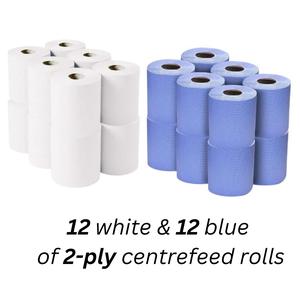 24 Pack 2-Ply Centrefeed Rolls - 12 Blue & 12 White Rolls - 1200 mt - Eco-Friendly Tissue Paper for Home, Office & Cleaning - Toilet, Wipes