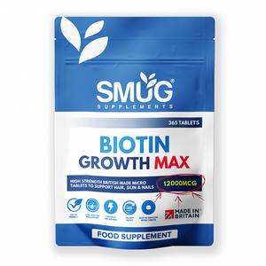 Biotin Hair Growth MAX 12000 mcg British Made by SMUG Supplements - 365 Micro Tablets - One Year Supply - Vegan Wellness Support - Suitable for Men and Women