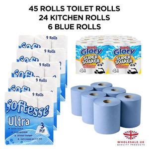 45 x Toilet Rolls 3ply, 24 x Kitchen Rolls, 6 x Blue Rolls,  Luxury Quilted, Soft and Gentle, Flushable Eco-friendly Disposable Sustainable, Family Sheets Wipes soft bathroom Set Scented