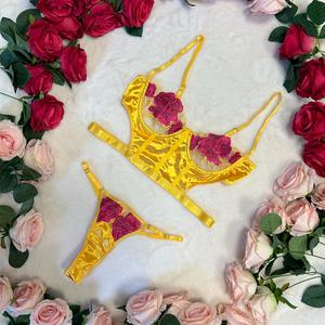 LILIOSA LINGERIE Belle Golden Yellow & Pink Rose Embroidered High Quality Floral Embroidery Satin 2 Piece Lingerie Set (Corset+Pants)  Comfortable Adjustable Spaghetti  Bra Straps, Sexy Matching Thong Womenswear Underwear Fit, Bridal Lingerie
