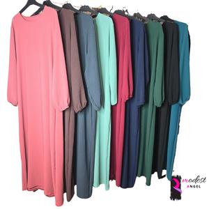 crepe jazz material with pockets abaya simple basic sleeve maxi casual dress crew neck colour prayer dress islam muslim hajj umrah multi colour bottle green brown/grey black pink beige navy blue grey loose stretchy one size modest eid solid minimalist ele