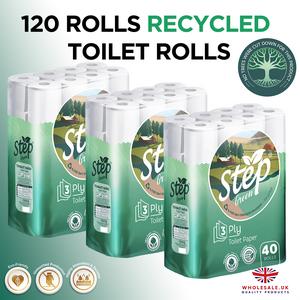 120x Recycled Toilet Rolls 3ply, STEP GREEN Tree Friendly, Eco Friendly , Luxury Quilted, Soft and Gentle, Flushable, Disposable Sustainable, Family Sheets Wipes soft bathroom