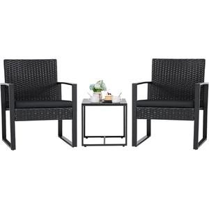 3 Piece Bistro Set, Patio Rattan Furniture Set with Tempered Glass Coffee Table and Cushioned Chairs, Outdoor Wicker Conversation Sets for Garden Balcony Backyard Poolside