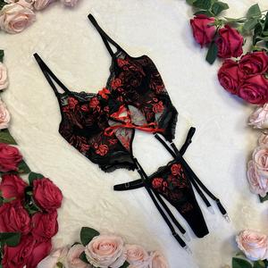 LILIOSA LINGERIE Revenge High Quality Black & Red Floral Rose Sexy Soft Lace Lingerie 2 Piece Set-(Bra+Pants), Multicolor Elegant Everyday Matching , Adjustable Straps, Comfortable Womenswear Lace Fabric Festival Fit Cut Out for All Seasons Winter Outfits