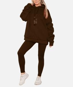 Fashion Luva Women's Ribbed Legging and Oversized Ribbon Hoodie Set with Ruched Sleeve Sweatshirt Jumper Top Loungewear Set Casual Womenswear Casual Wear Comfortable Overalls Suits Long Sleeve Basic