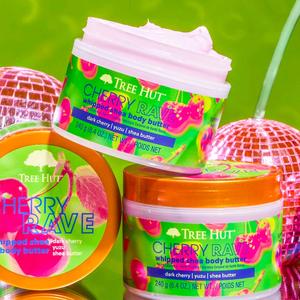 Tree Hut Cherry Rave Products. Shea Scrub. Foaming Gel. Whipped Shea. Skin Care and Luxurious Aroma body butter