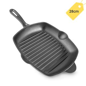 Pre-Seasoned Cast Iron Indoor Outdoors Griddle Frying Pan - Square Enamelled Grill Pan - 28cm - by nuovva Cookware Induction Stove