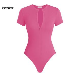 KatchMe Women's Versatile Plain Invisible Zipper Round Neck Short Sleeve Ribbed Bodysuit, Athleisure Bodysuit, Basic Womenswear