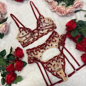 Liliosa Lingerie High Quality Heart Embroidery 4 Piece Red Lingerie Set (Clasp Bra + Clasp Garter + Brazilian Panties + Thigh Straps)  Comfortable Multicolor Womenswear Soft Mesh Sheer, Lace and Strap, Sexy Lingerie Gift, Adjustable Spaghetti Straps Slip