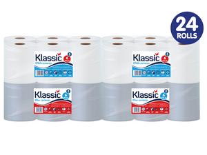 Klassic Blue & White Centrefeed 24 Rolls - 2 ply Laminated Embossed Wiping Tissue Cleaning Roll Home, Toilet and Office - 300 sheets per Roll, Sheet width 166mm - 4 packs of 6 Rolls