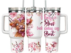 40oz Tumbler with Straw- Highland Cow - Bit of a mess but doing my Best - Gift for her
