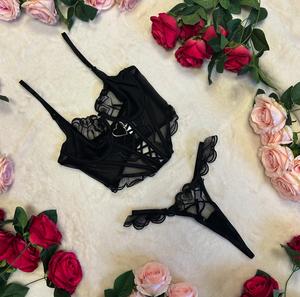 Liliosa Lingerie LIVE SOFIE Black Satin and Mesh Sheer Corset with Heart Shaped Charm and Frill Elegance Sexy Pants 2 Piece Set, Comfort Womenswear, Soft Fabric, Sexy Chic Girly Daily Outfit, Women Outwear Corset, Bridal Matching , Delicate Casual Top