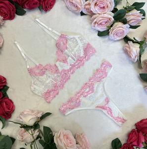 Liliosa Lingerie Jadey - Romantic Pink and White Floral Comfortable Mesh Sheer Lingerie 2 Piece Lingerie Set, Elegance Floral Embroidery Style Bra, Comfort Floral Trim Pants, Comfort Womenswear, Bridal Style Fit Girl Gift Medium Straps