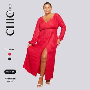 ChicHero V-neck Pleated Balloon Sleeve Elegant Maxi Comfortable Dress - for Christmas & New Year