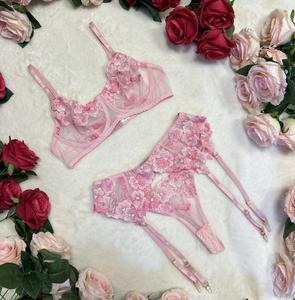 Liliosa Lingerie Pink Floral Embroidery 3 Piece Set- (Bra + Garter + Pants) Comfortable Elegant Feminine Womenswear, Everyday Lightweight Straps,Comfy Every Day Wear, Bridal Style Matching Medium Fit, Gorgeous Girl Gift, Daily Wear Breathable Lace