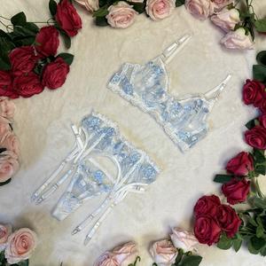 LILIOSA LINGERIE Serenity Light Blue Floral Lace Lingerie Set with Como White 3 Piece Set (Bra + Garter + Pants)  Comfortable Underwear Lingerie Womenswear, Everyday Elegant Womenswear Lingerie Set Bridal Style Fit, Adjustable Spaghetti Straps, Soft Lace