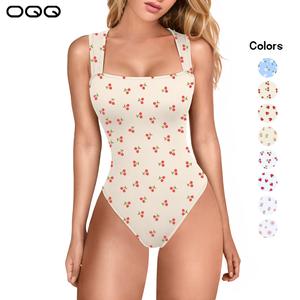 OQQ  Women's Printed Bodysuits For Women Sexy Ribbed Strappy Square Neck Stretch Tank Tops Bodysuits Womenswear Comfort Sleeveless