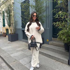 Wide Leg knitted Lounge set,Thick knitt Border Detailed,( Viral ) Casual Comfortable Womenswear Loungewear matching sets