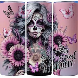 20oz Tumbler Anti Social Butterfly Sugar Skull Gift for hot and cold drinks water bottle flask