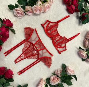 Liliosa Lingerie Valentina - Lace and Mesh Sheer Sexy Red 3 Piece Lingerie Set (Clasp Bra + Clasp Garter + Brazilian Style Pant) Comfortable Womenswear , Girl Gift, Adjustable Pants, Sexy Lingerie, Special Day Sexy Lingerie, Everyday Comfort Outfit Elega