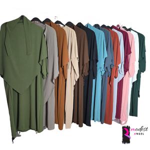 umrah 2 piece abaya  khimar set crepe jazz abaya maxi with matching Khimar crew neck one size 14 colours black pink green brown navy blue black grey white maroon navy colour loose abaya closed abaya muslim clothes islamic modest clothing hajj Eid Gift ele