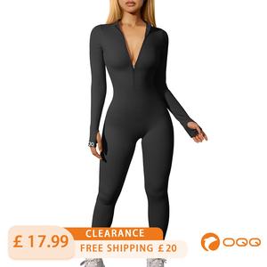 OQQ Women Yoga Jumpsuits Workout Ribbed Long Sleeve Zip Front Sport Jumpsuits