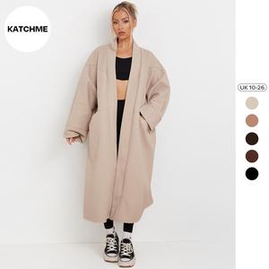 KatchMe Solid Color Exposed Stitches Pocket Oversize Thermal Coat (One size for 12-26),Daily Outdoor Wear,Plain Open-Front Winter Womenswear