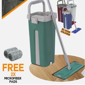 360° Flat Mop Bucket Set with Microfiber Cloth and Squeeze Dry Function - 2 Refills Included