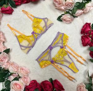 Liliosa Lingerie Purple and Yellow Pisa Floral Embroidery 3 Piece Lace Lingerie Set (Clasp Bra+Clasp Garter+Adjustable Pant) Comfortable and Sexy Straps Thong Belts Bottom, Premium Sheer Fabric Style, Everyday Elegant Womenswear Elegance, Bridal Fit Detac